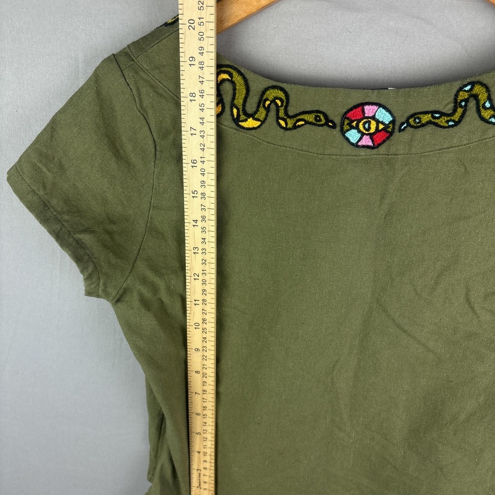 Amor & Rosas Cropped Womens XS Shirt Linen Blend Embroidered Snake Boho Mexico - Picture 4 of 6